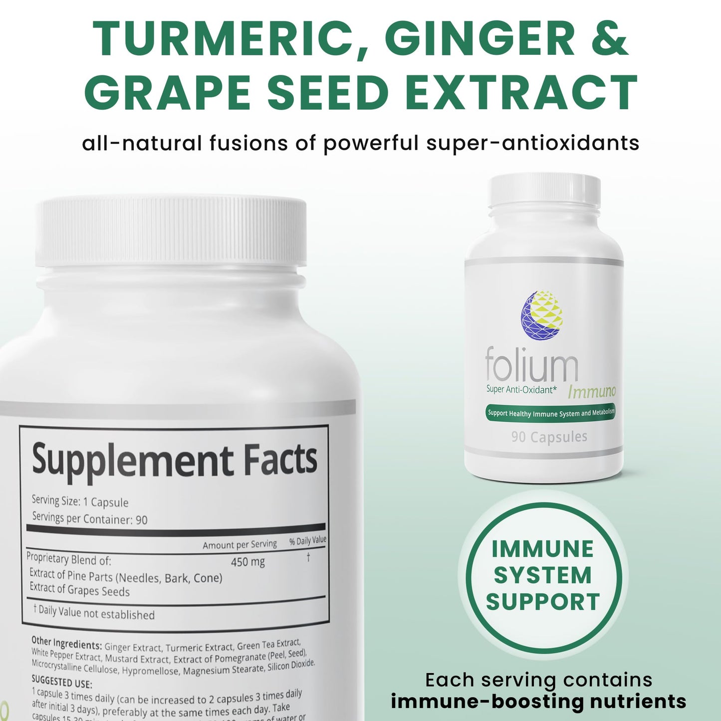 Folium Immuno Inflammatory Supplement and Pine Parts, GrapeSeed, Ginger, Turmeric, Green Tea, White Pepper & Pomegranate Extracts