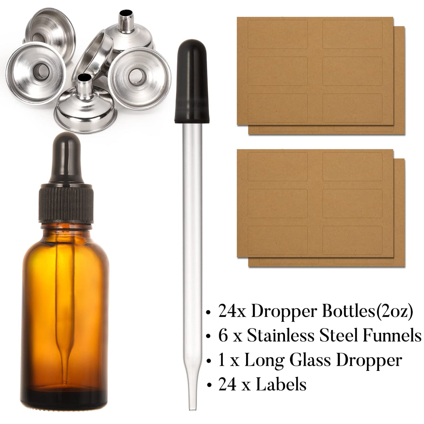 24 Pcs, 2 oz Dark Amber Dropper Bottles with 6 Small Funnels & 1 Long Glass Labels - 60ml Tincture Bottles w/ Eye Dropper for Essential Oils, Perfume, Hair Oil, Liquids - Leak Proof Travel Bottles