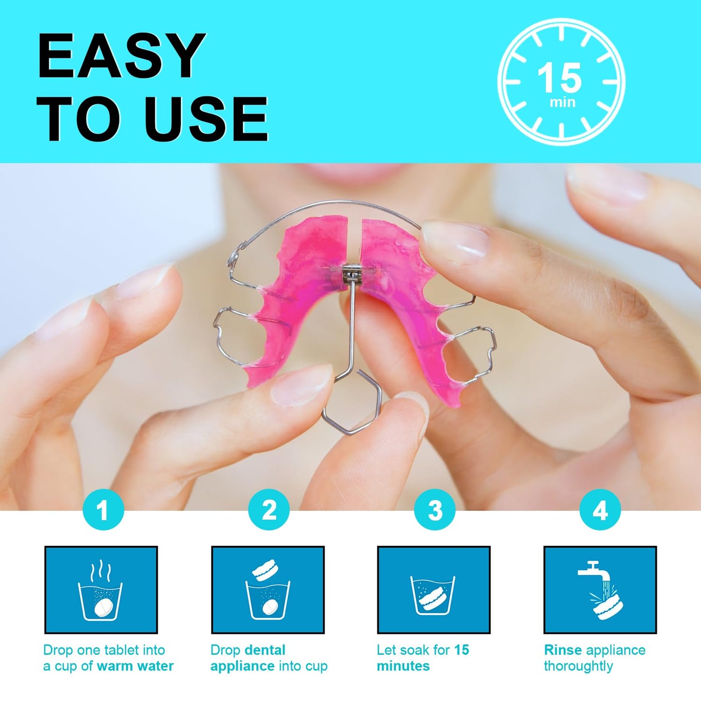 MySmile Retainer Cleaner with 120 Denture Cleaning Tablets, Quickly Remove Odors, Discoloration Stains & Plaque from Aligner, Mouth Guard, Night Guard and More Dental Appliances (Mint+Orange Flavor)