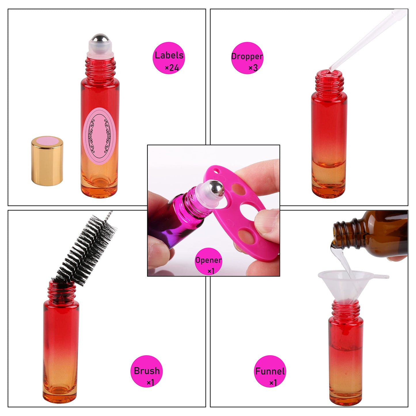 inice 24 10ml Essential Oils Roller Bottles Gradient Color Thick Glass Roll on Bottle Stainless Steel Ball Golden Metal Cap for Travel