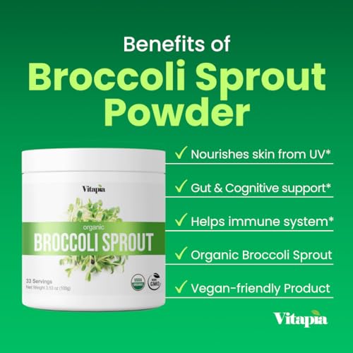 Vitapia Organic Broccoli Sprout Powder - High in Sulforaphane & Antioxidant, Cognitive Health Support - 30 Day Supply - Non GMO & Gluten Free, 33 Servings (Pack of 1)