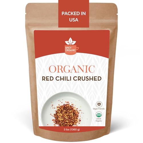 SPICY ORGANIC Crushed Red Pepper Flakes 3 lbs - Robust Chili Peppers Seasoning Spice - USDA Organic, Kosher, Non-GMO- Perfect for Pizza, Pastas, Salads, Sauces, Stews, Marinades and Pickled Vegetables