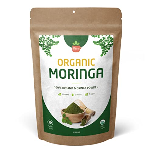 SPICY ORGANIC Green Moringa Superfood Powder 4 oz. - 100% Pure Moringa Oleifera Leaf Powder for Tea and Hair, Nutrient-Rich Energy Booster - Certified USDA Organic, Non-GMO, and Raw from India