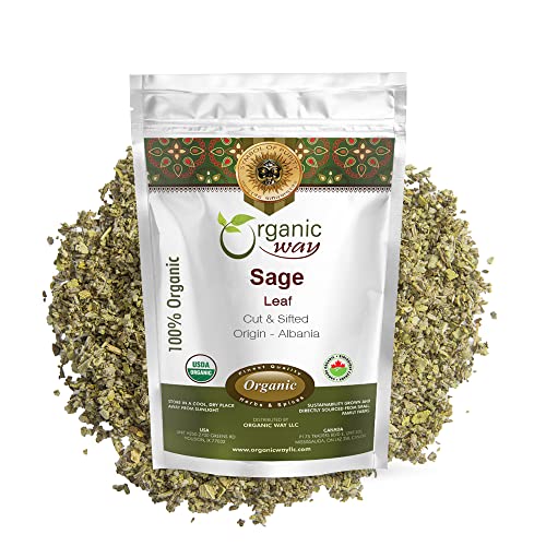 Organic Way Sage Leaf Cut & Sifted (Salvia Officinalis) | Herbal Tea - European Wild - Harvest | Organic & Kosher Certified | Raw, Vegan, Non GMO & Gluten Free | USDA Certified | Origin - Albania (1/4LBS | 4Oz)