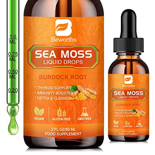 B BEWORTHS Sea Moss Liquid Drops - Organic Irish Sea Moss Raw Gel with Burdock Root, Tumeric, Spirulina, Seamoss Gel Supplement for Immune, Joint, Digestive Support - 2 Fl Oz, Vegan