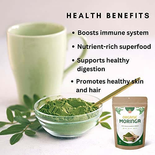 SPICY ORGANIC Green Moringa Superfood Powder 4 oz. - 100% Pure Moringa Oleifera Leaf Powder for Tea and Hair, Nutrient-Rich Energy Booster - Certified USDA Organic, Non-GMO, and Raw from India