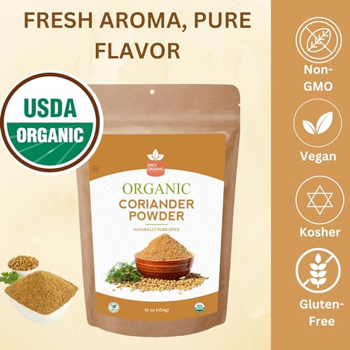 SPICY ORGANIC Ground Coriander Seed Powder – 4 oz Pack - Authentic Coriander Spice for Cooking - Freshly Ground, Certified USDA Organic, and Aromatic