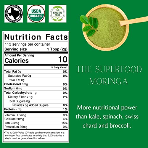 SPICY ORGANIC Green Moringa Superfood Powder 4 oz. - 100% Pure Moringa Oleifera Leaf Powder for Tea and Hair, Nutrient-Rich Energy Booster - Certified USDA Organic, Non-GMO, and Raw from India