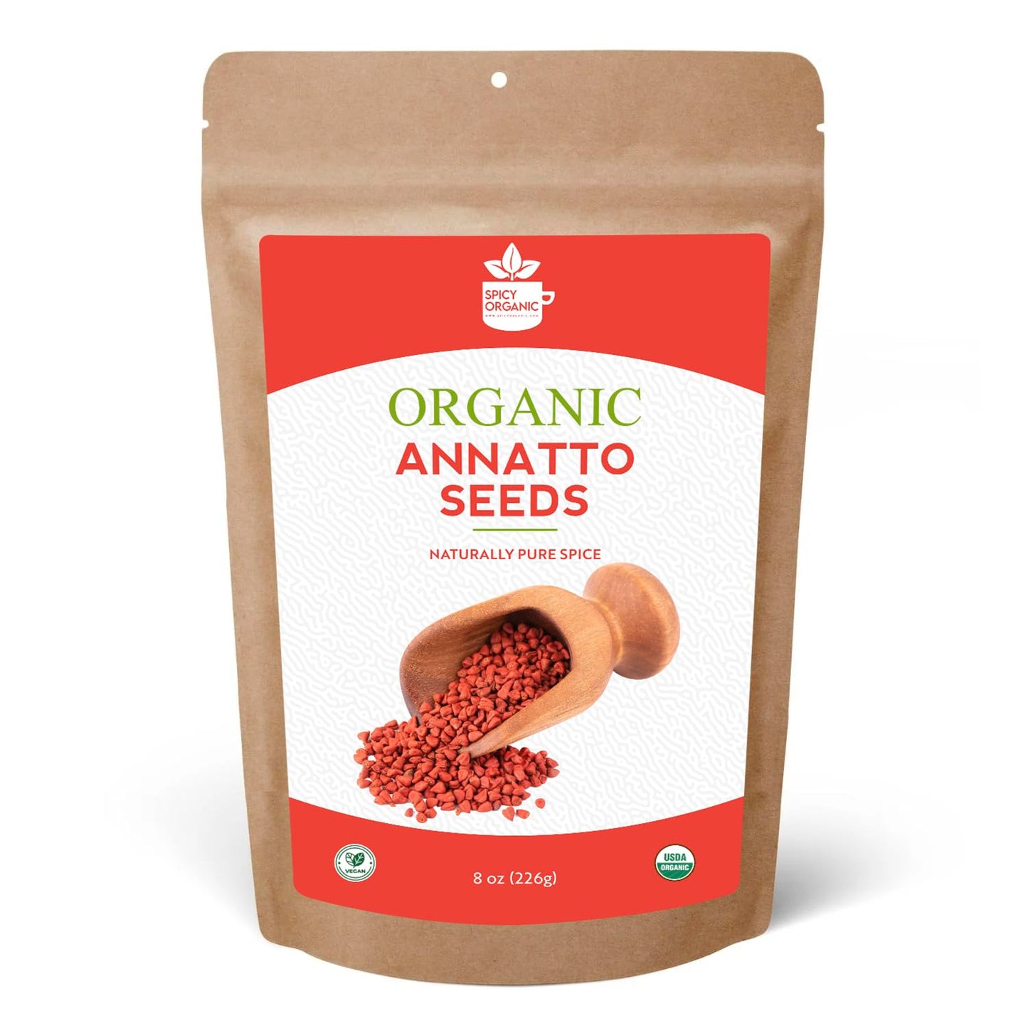 SPICY ORGANIC Annatto Seeds Whole 8 Oz. – USDA Certified Organic - All-Natural Achiote Seeds Spice and Seasoning for Rice, Cheese, Sauces, Achiote Paste, Recado Rojo, Meats, Poultry and Fish.