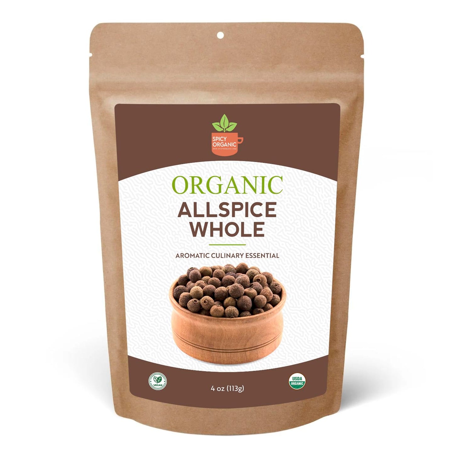 SPICY ORGANIC Pure Organic Allspice Berries Whole 4 oz. – Certified USDA Organic - Premium Pimento Seeds and Peppers for Baked Goods, Pickles, Marinades, Stews, and Sauces.