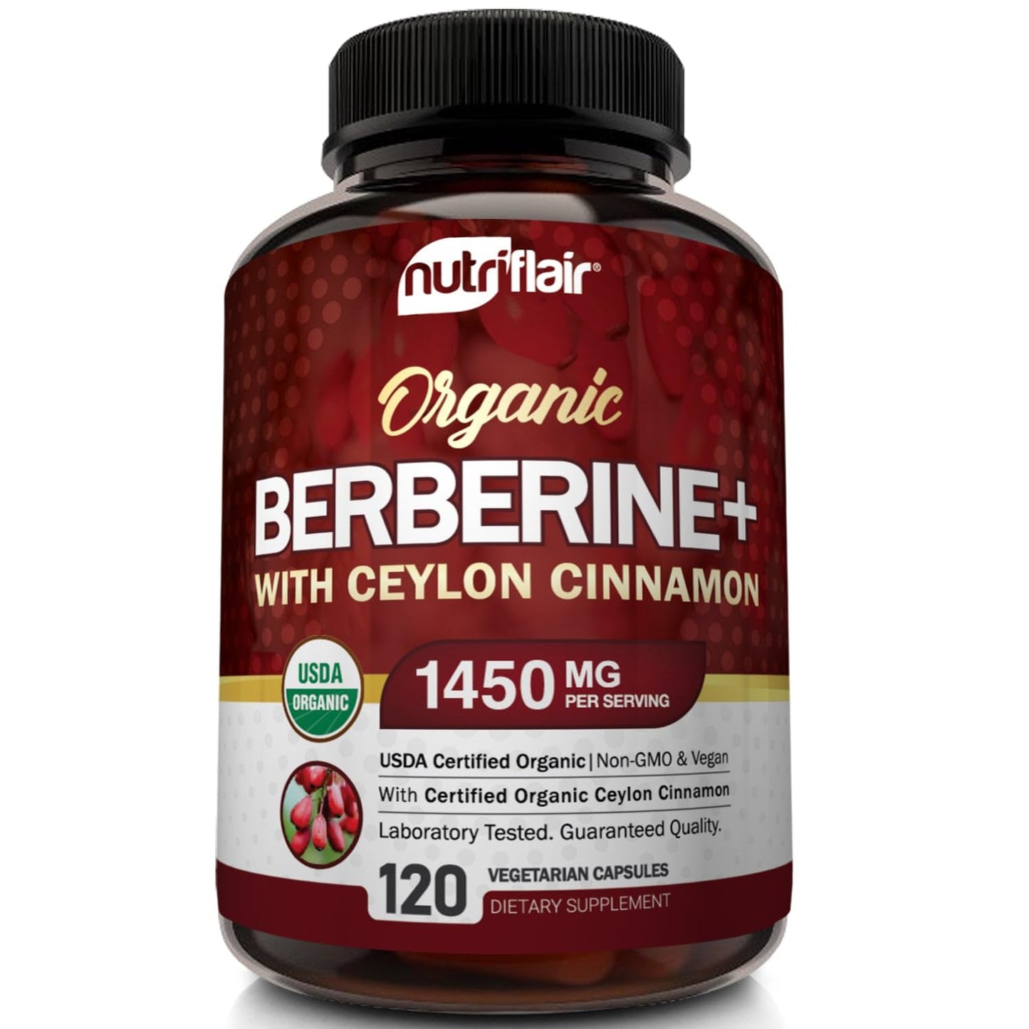 NutriFlair Organic Berberine with Ceylon Cinnamon 1450mg, 120 Capsules