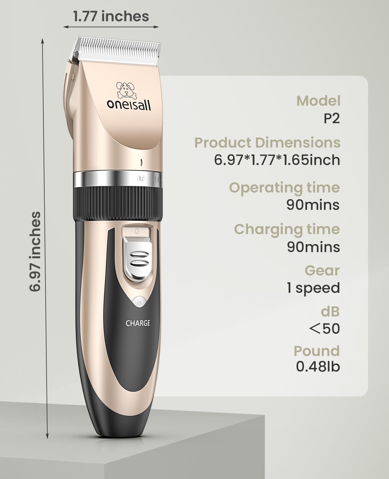 oneisall Dog Shaver Clippers Low Noise Rechargeable Cordless Electric Quiet Hair Clippers Set for Dogs Cats Pets