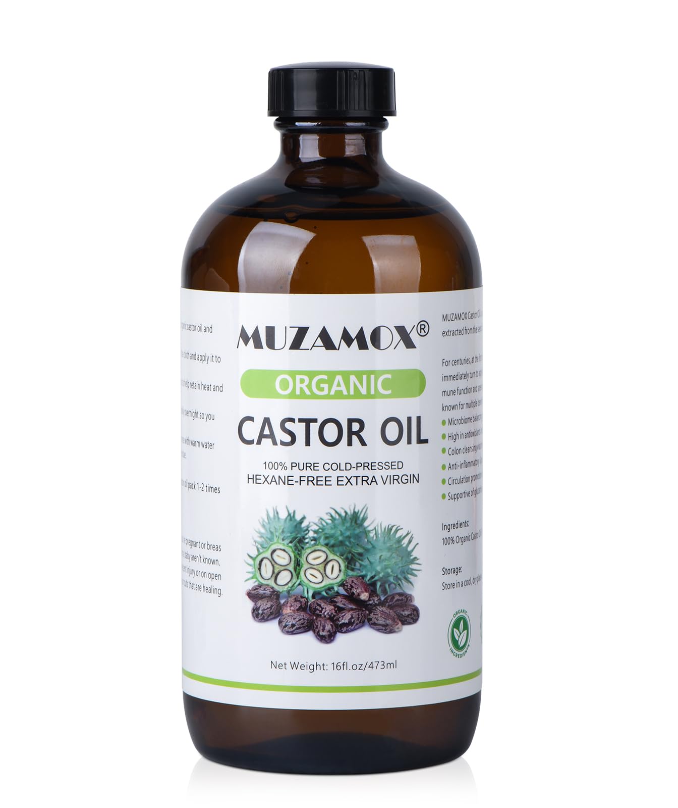 MUZAMOX Organic Castor Oil Cold Pressed Glass Bottle, 100% Pure, Cold Pressed & Hexane Free, Castor Oil for Hair Growth & Care, Thicker Eyelashes & Eyebrows and Castor Oil Pack, 16 Fl Oz