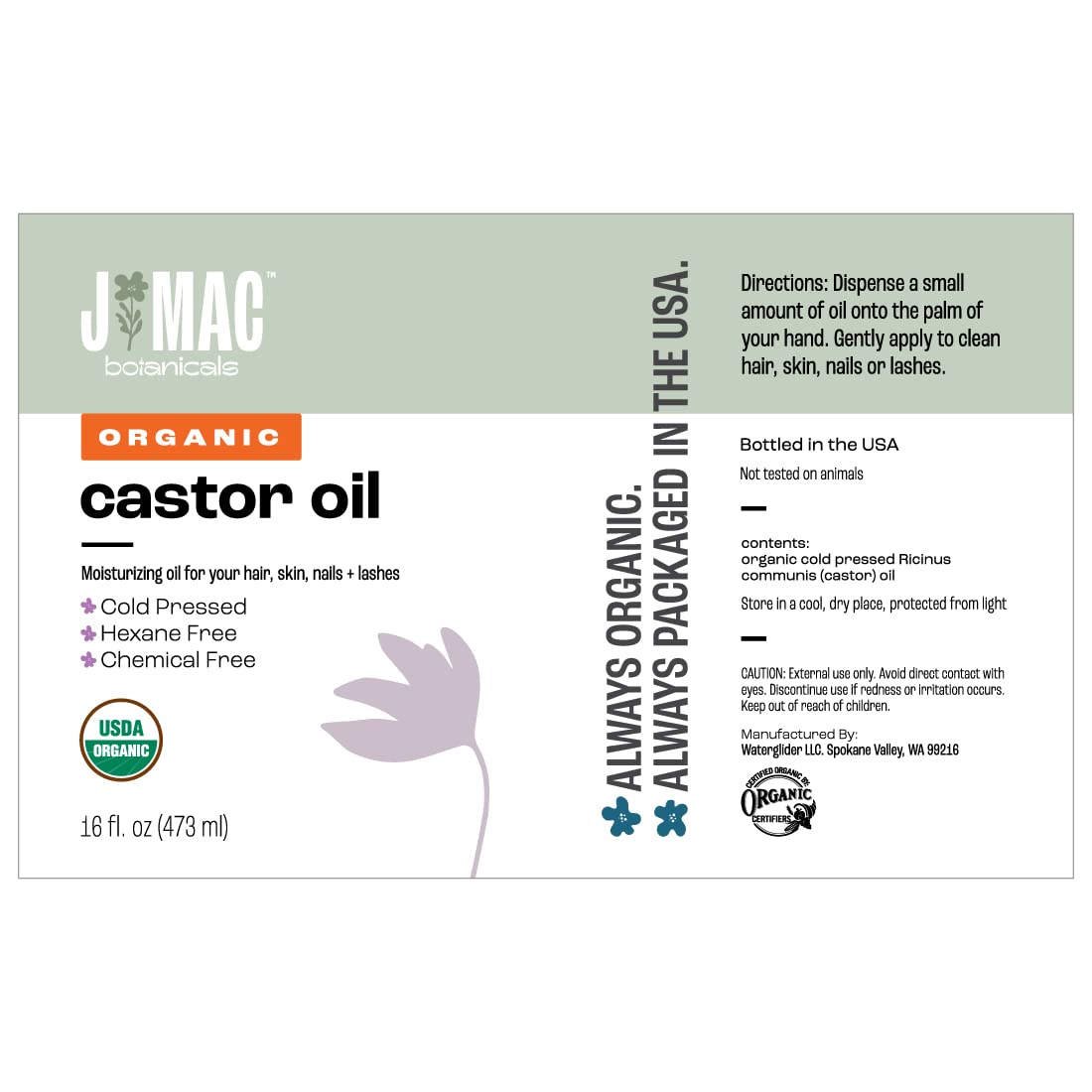 J MAC BOTANICALS, Organic Castor Oil Cold Pressed (Glass Bottle, 16 oz) pure unrefined, hexane free for face, skin, eyelashes, pack wraps, pads