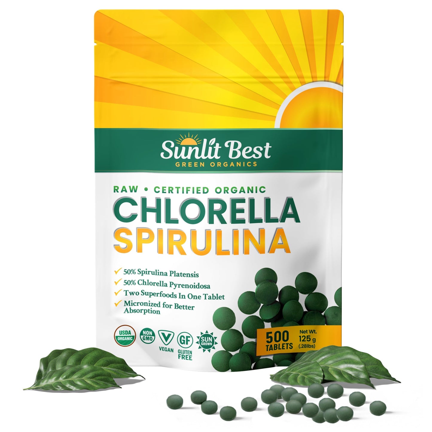 Sunlit Best Organic Chlorella Spirulina 500 Tablets - Pure Superfood Supplement Spirulina Chlorella Pills with Burst & Cracked Cell Wall Algae, Chlorophyll, & Vegan Protein, More Potent Than Capsules