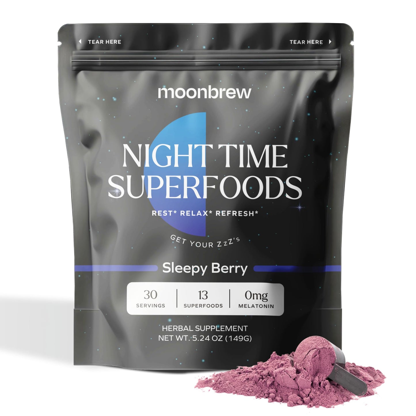 MoonBrew Magnesium Sleepy Berry: Natural Melatonin-Free Sleep Aid | 14 Superfoods with Magnesium Glycinate & Adaptogens | Keto & Vegan | Enjoy Hot or Cold - 30 Servings