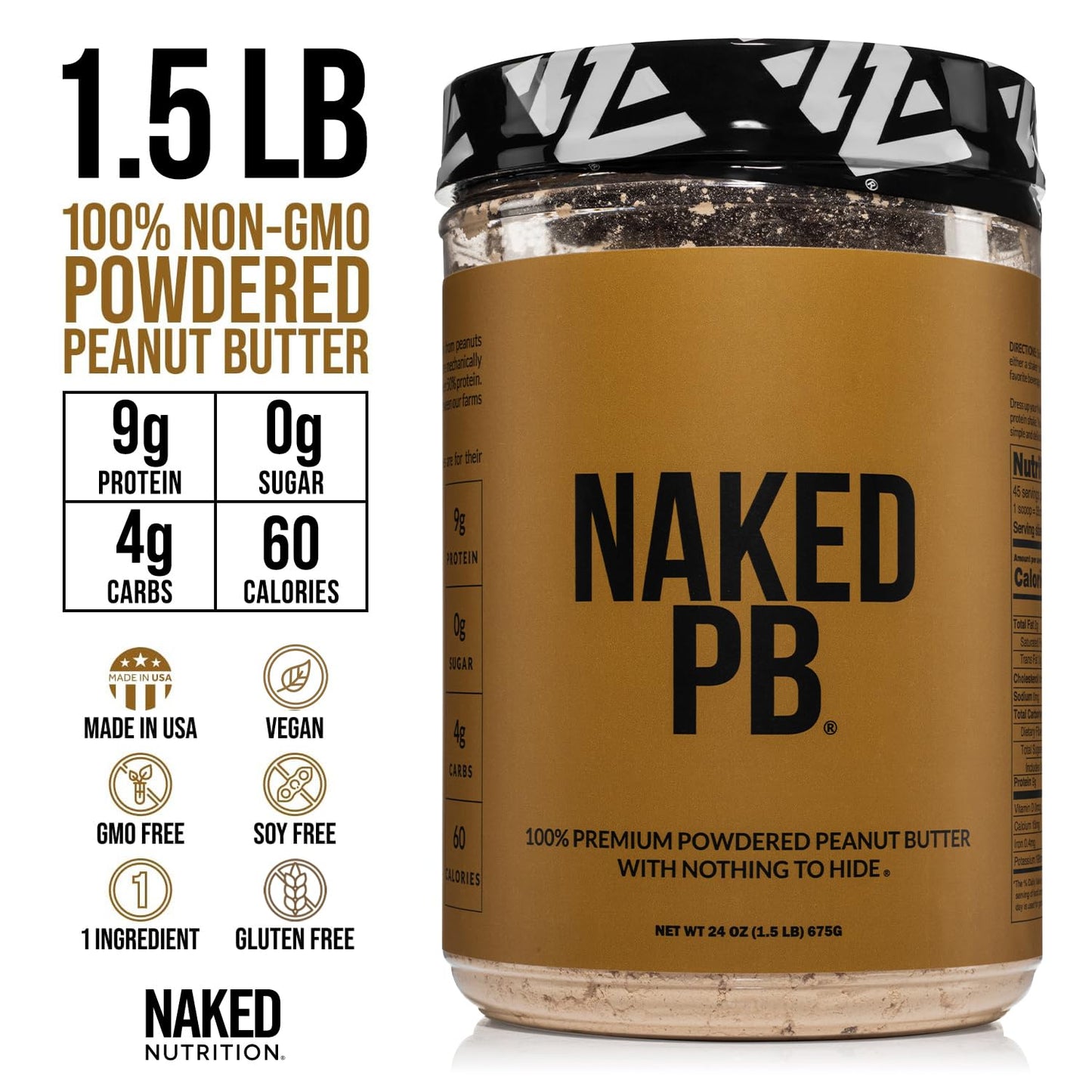 1.5 LB Powdered Peanut Butter from US Farms – Bulk, Only 1 Ingredient - Roasted Peanuts, Vegan, No Additives, Preservative Free, No Salt, No Sugar - 45 Servings - NAKED PB