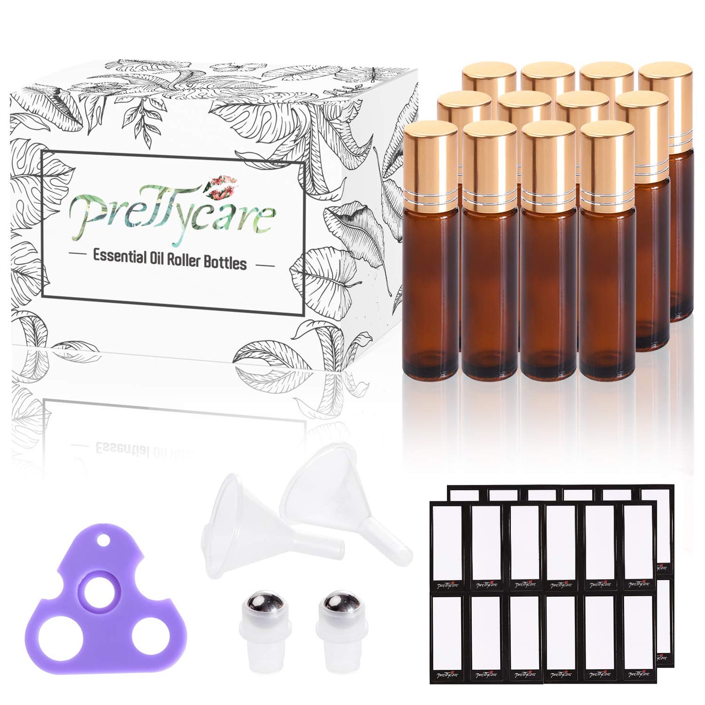 PrettyCare Essential Oil Roller Bottles (10ml Amber Glass, 12 Pack) With 2 Extra Roller Balls, 24 Labels, Opener, 2 Funnels