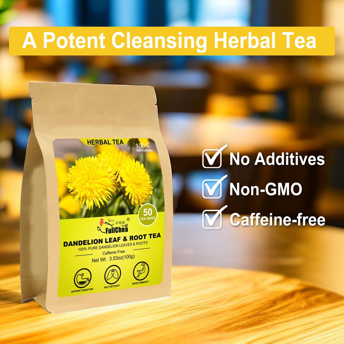 FullChea - Dandelion Leaf & Root Tea bags, 50 Teabags - Natural Dandelion Herbal Tea for Liver & Kidney Health - Non-GMO - Caffeine-free - Support Digestion & Boost Immune System