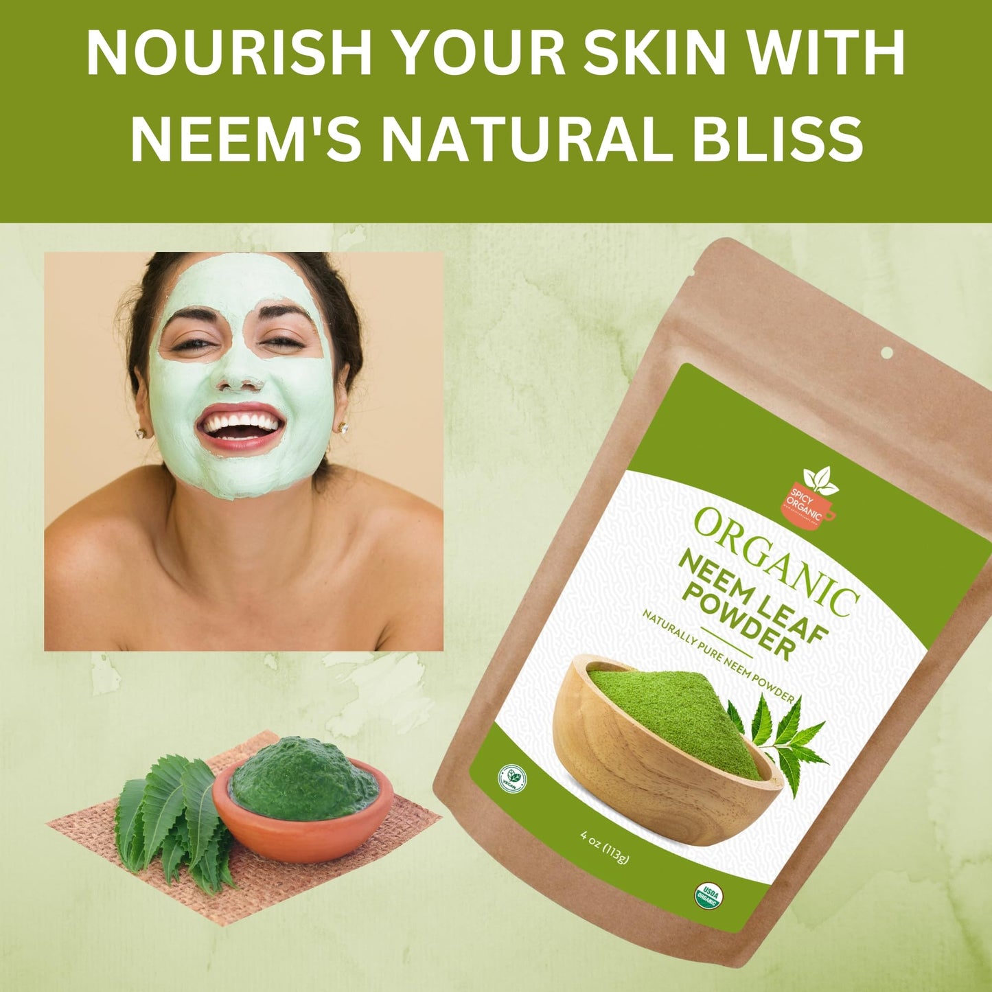 SPICY ORGANIC Neem Powder – 8 oz. - Certified USDA Organic -Non-GMO - Fresh Dried Neem Leaves Powder for Healthy Hair and Skin - Azadirachta Indica Ayurvedic Herb for Overall Wellbeing