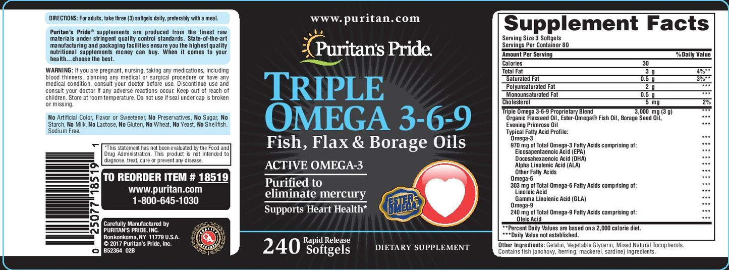 Puritan's Pride Triple Omega 3-6-9 Fish, Flax & Borage Oils, Supports Heart Health and Healthy Joints, 240 ct (Pack of 1)