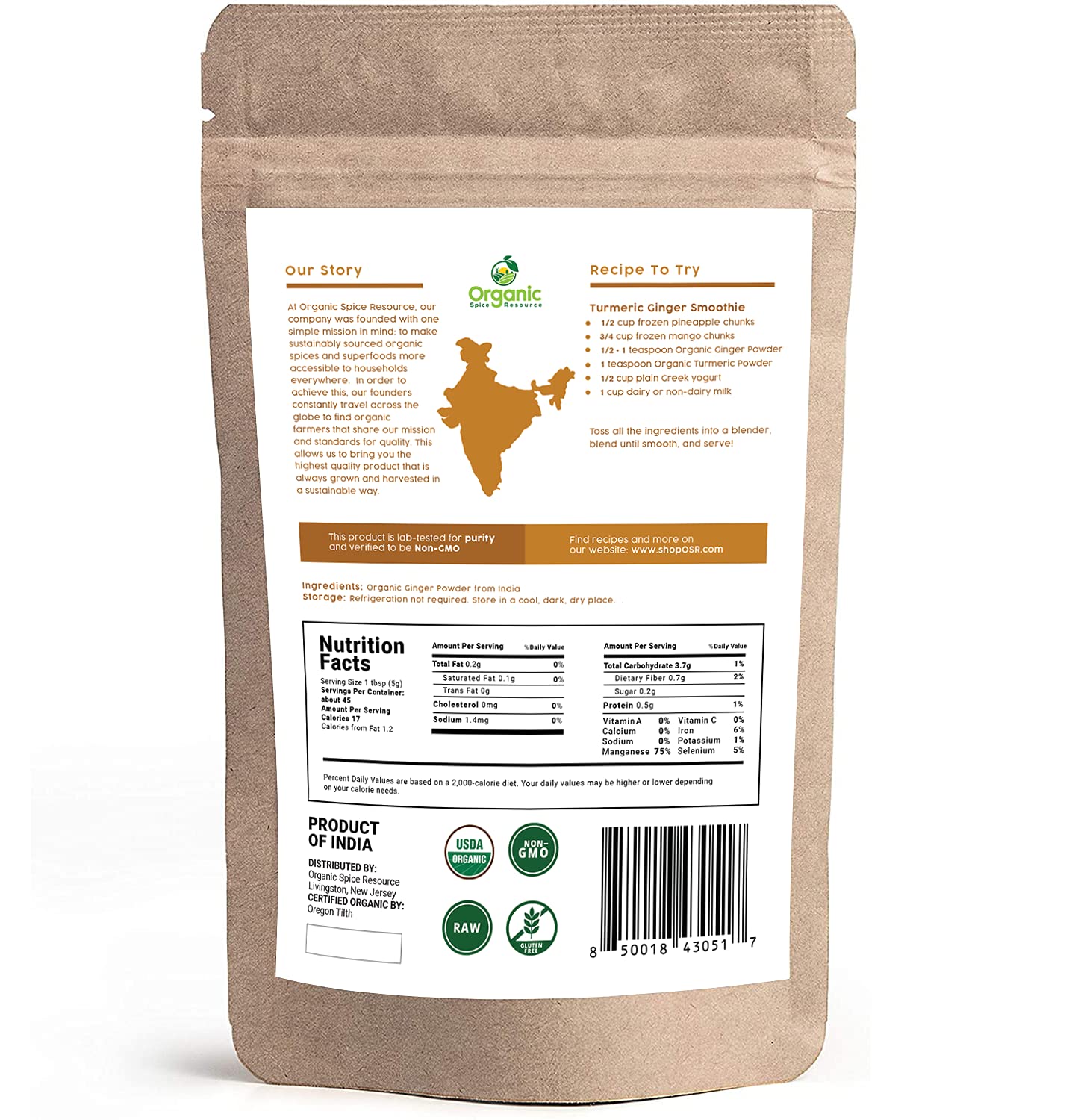 Organic Ginger Powder | 8 oz (226g) | USDA Organics and Non-GMO Verified Project Approved | Product of India | 100% Raw and Natural | Resealable Kraft Bag by SHOPOSR