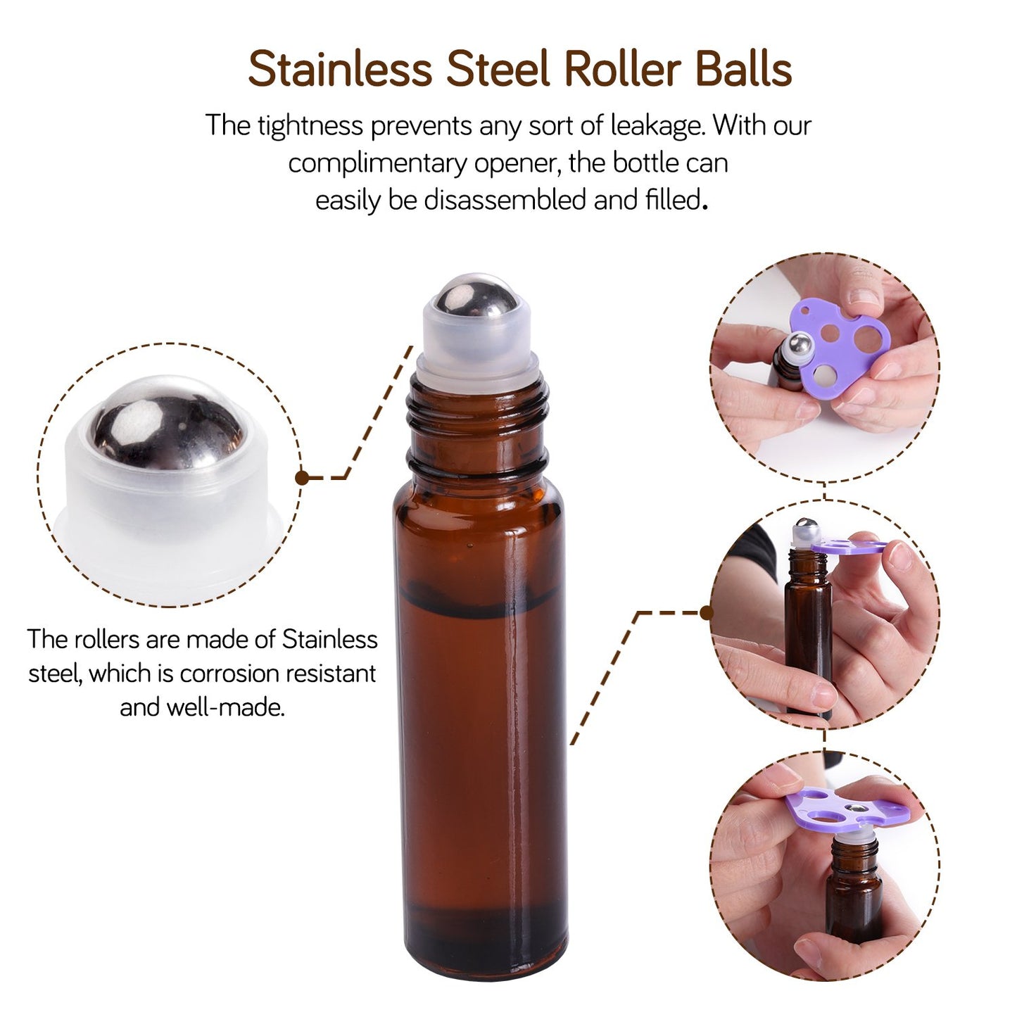 PrettyCare Essential Oil Roller Bottles (10ml Amber Glass, 12 Pack) With 2 Extra Roller Balls, 24 Labels, Opener, 2 Funnels