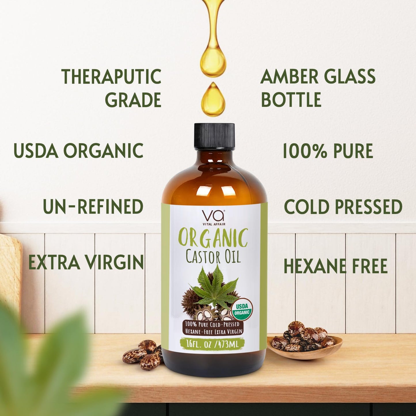 VITAL AFFAIR Castor Oil Organic Cold Pressed Unrefined Glass Bottle- USDA Certified Organic Castor Oil For Castor Oil Pack Wrap-Castor Oil For Skin, Hair Growth, Eyelashes, Eyebrows & Nails-16 fl oz