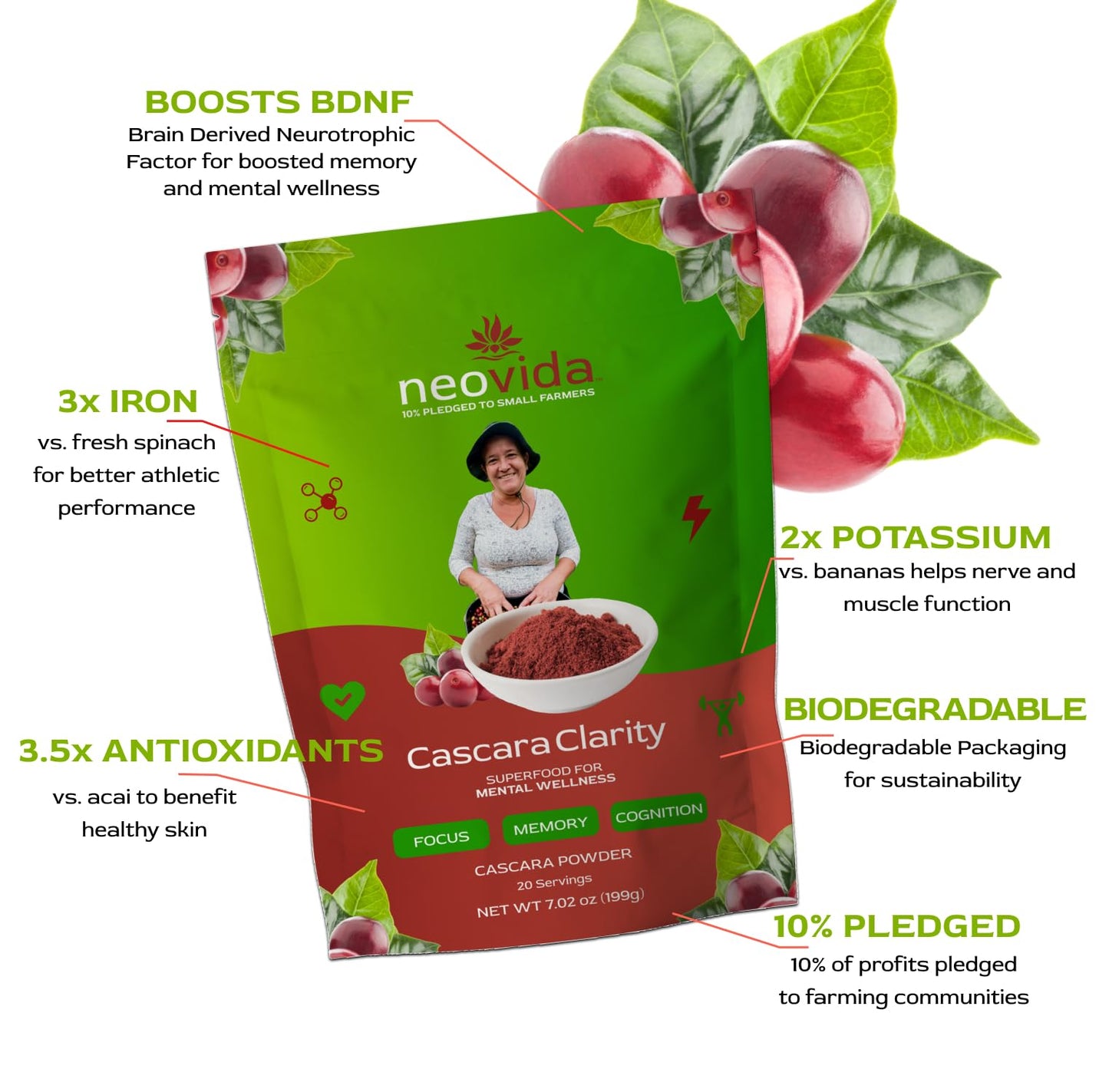 Neovida Cascara Clarity, Coffee Cherry Powder, All Natural Antioxidant Boost Powder Made from Coffee Cherries, Superfood Powder for Smoothies, Coffee Fruit Extract, Coffeeberry (10 Servings)