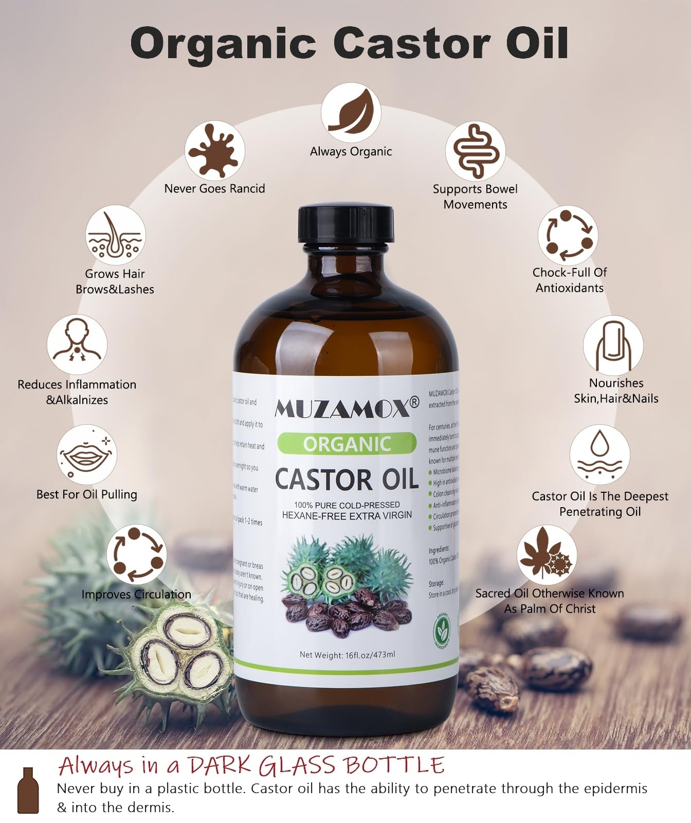 MUZAMOX Organic Castor Oil Cold Pressed Glass Bottle, 100% Pure, Cold Pressed & Hexane Free, Castor Oil for Hair Growth & Care, Thicker Eyelashes & Eyebrows and Castor Oil Pack, 16 Fl Oz