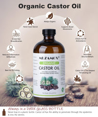 MUZAMOX Organic Castor Oil Cold Pressed Glass Bottle, 100% Pure, Cold Pressed & Hexane Free, Castor Oil for Hair Growth & Care, Thicker Eyelashes & Eyebrows and Castor Oil Pack, 16 Fl Oz