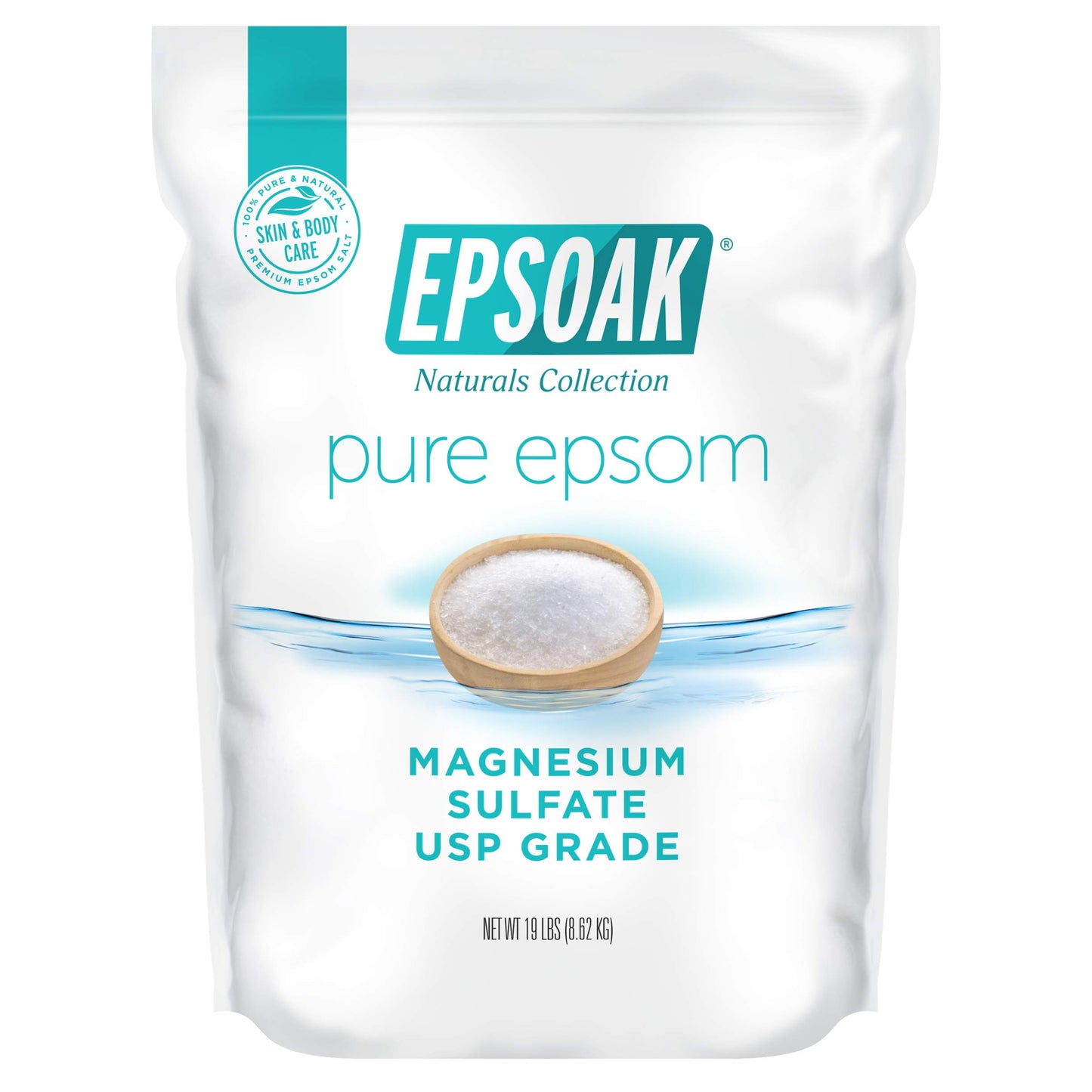 Epsoak Epsom Salt 19 lb. Magnesium Sulfate USP. (Qty. 1 x 19lb. Bags) Resealable Epsom Salt Bulk Bags Unscented, Made in The USA, Cruelty-Free Certified