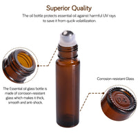 PrettyCare Essential Oil Roller Bottles (10ml Amber Glass, 12 Pack) With 2 Extra Roller Balls, 24 Labels, Opener, 2 Funnels