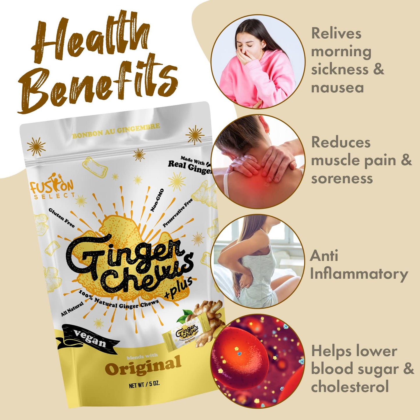 Fusion Select 2 Lb Original Ginger Chews - Sweet Soft Candied Delights From Indonesia - Promotes Relief From Morning Sickness, Upset Stomach - Made from Real Ginger Root, Non-GMO, Vegan Candy