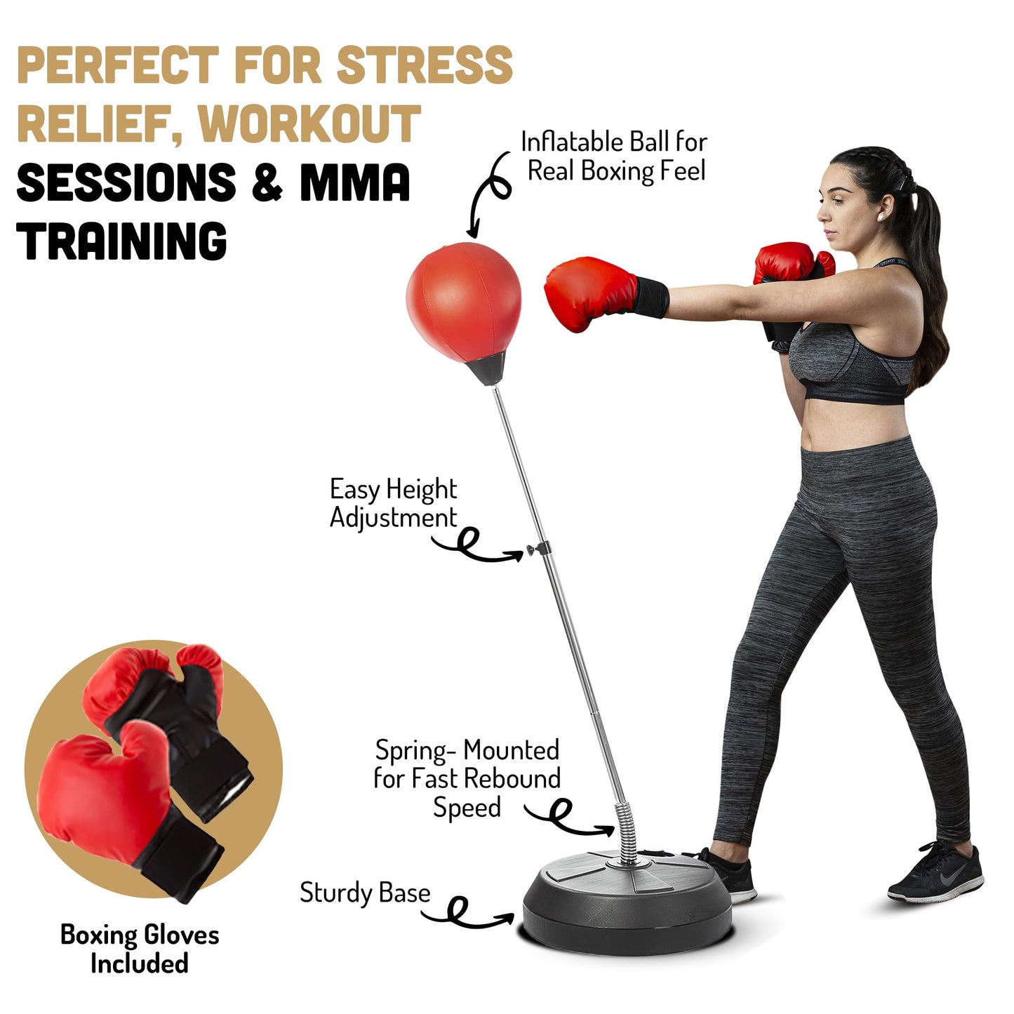 Punching Bag with Stand, Boxing Bag for Teens & Adults - Height Adjustable - Speed Bag for Training, Boxing Equipment, Stress Relief & Fitness