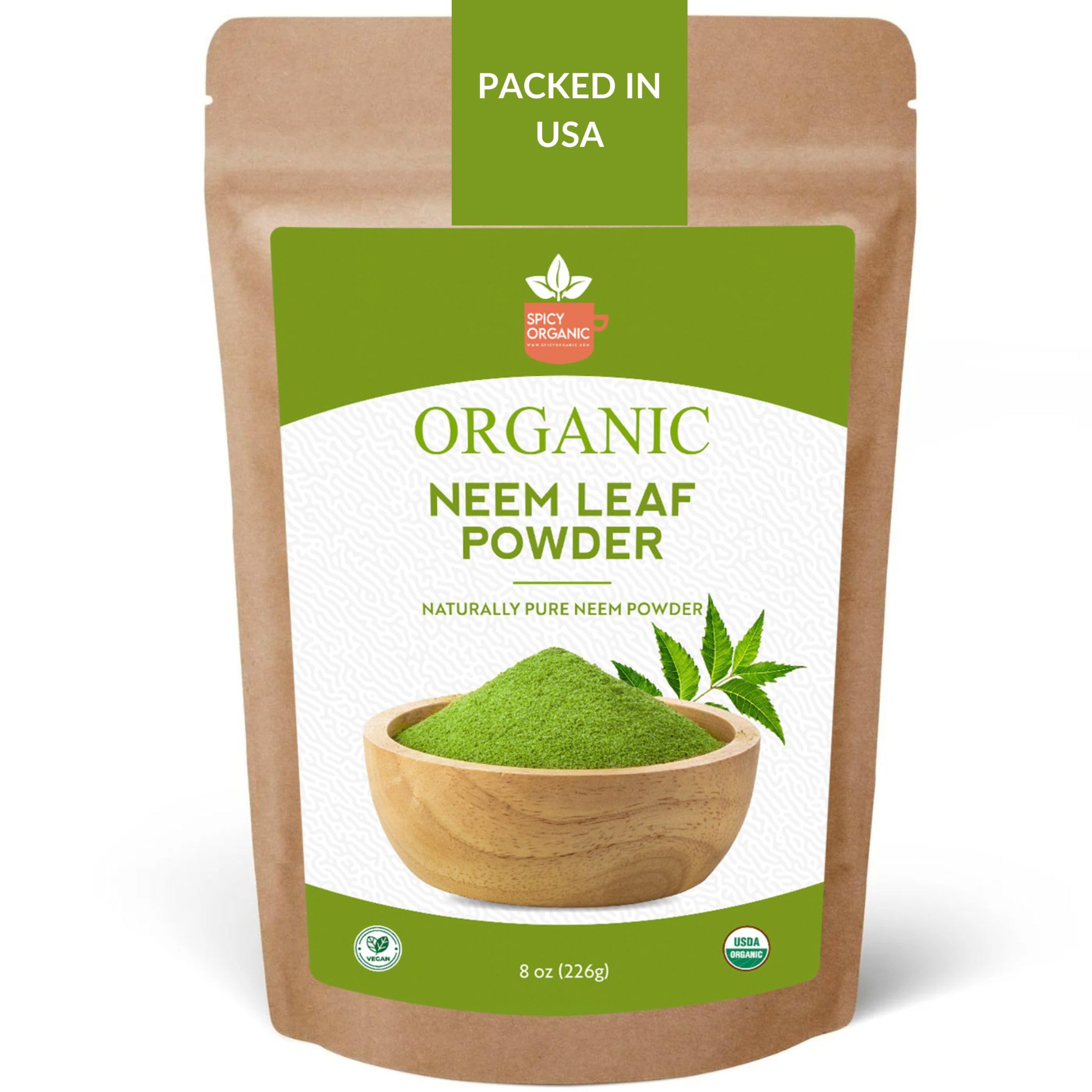 SPICY ORGANIC Neem Powder – 8 oz. - Certified USDA Organic -Non-GMO - Fresh Dried Neem Leaves Powder for Healthy Hair and Skin - Azadirachta Indica Ayurvedic Herb for Overall Wellbeing