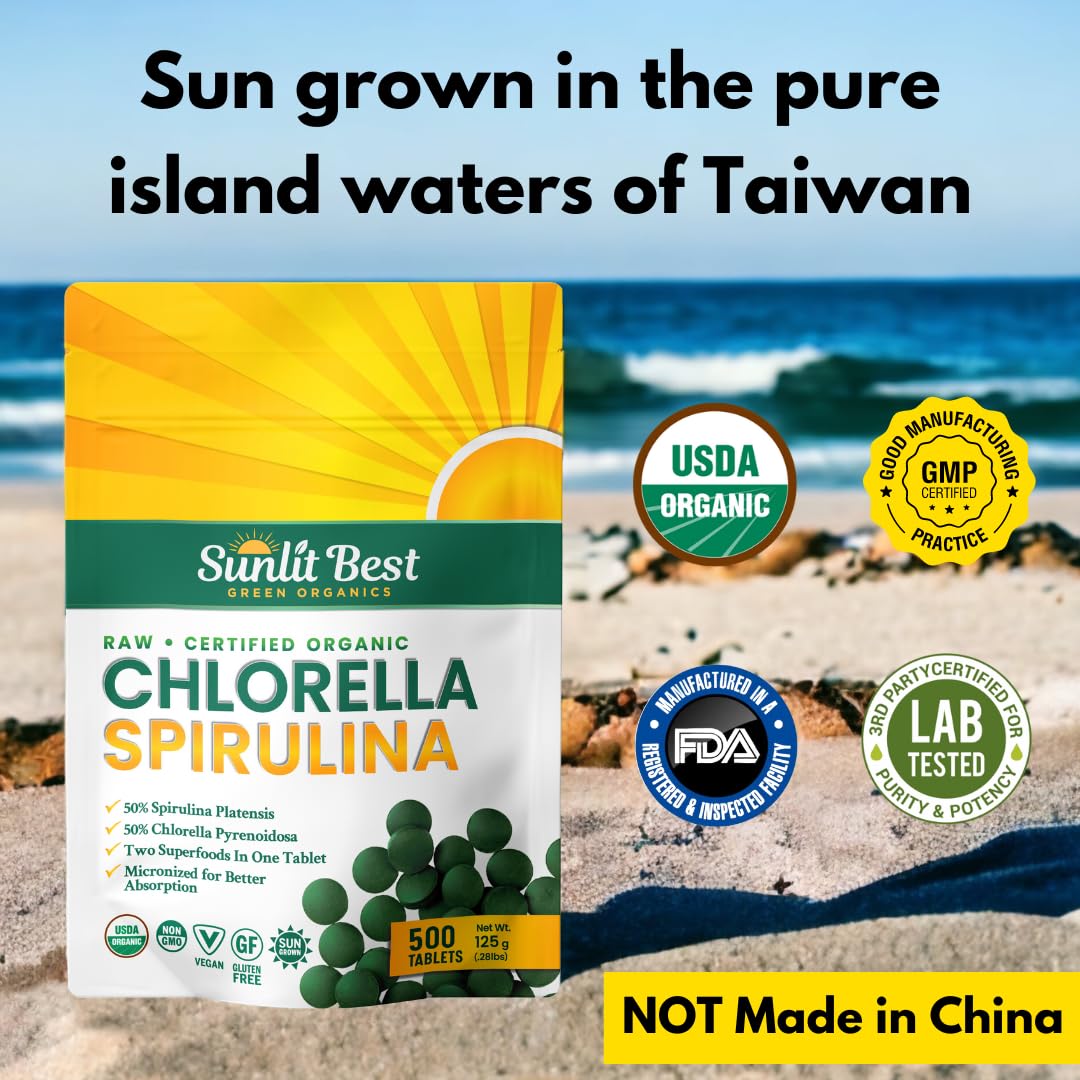 Sunlit Best Organic Chlorella Spirulina 500 Tablets - Pure Superfood Supplement Spirulina Chlorella Pills with Burst & Cracked Cell Wall Algae, Chlorophyll, & Vegan Protein, More Potent Than Capsules