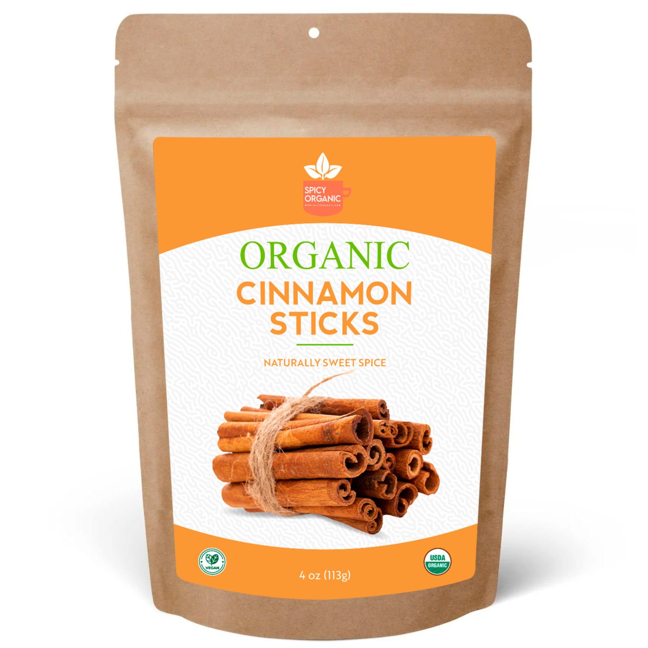 SPICY ORGANIC Cinnamon Sticks - Ceylon Quality, Gluten Free, Non-GMO, and USDA Organic - 50+ Sticks in Bulk - 3.0-Inch Length, Ideal for Cooking, Beverages, or Desserts to Add a Rich, Spicy Aroma - 8 OZ.