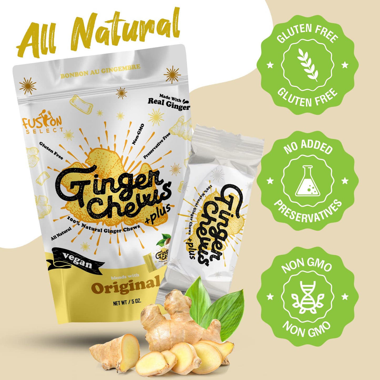 Fusion Select 2 Lb Original Ginger Chews - Sweet Soft Candied Delights From Indonesia - Promotes Relief From Morning Sickness, Upset Stomach - Made from Real Ginger Root, Non-GMO, Vegan Candy