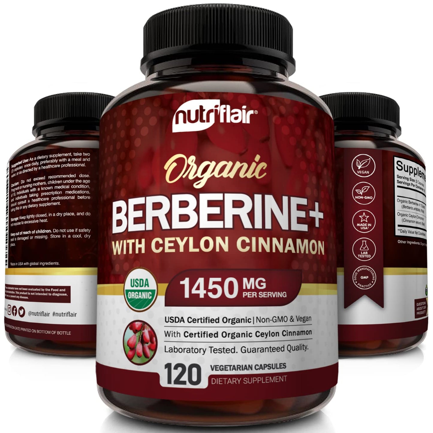 NutriFlair Organic Berberine with Ceylon Cinnamon 1450mg, 120 Capsules