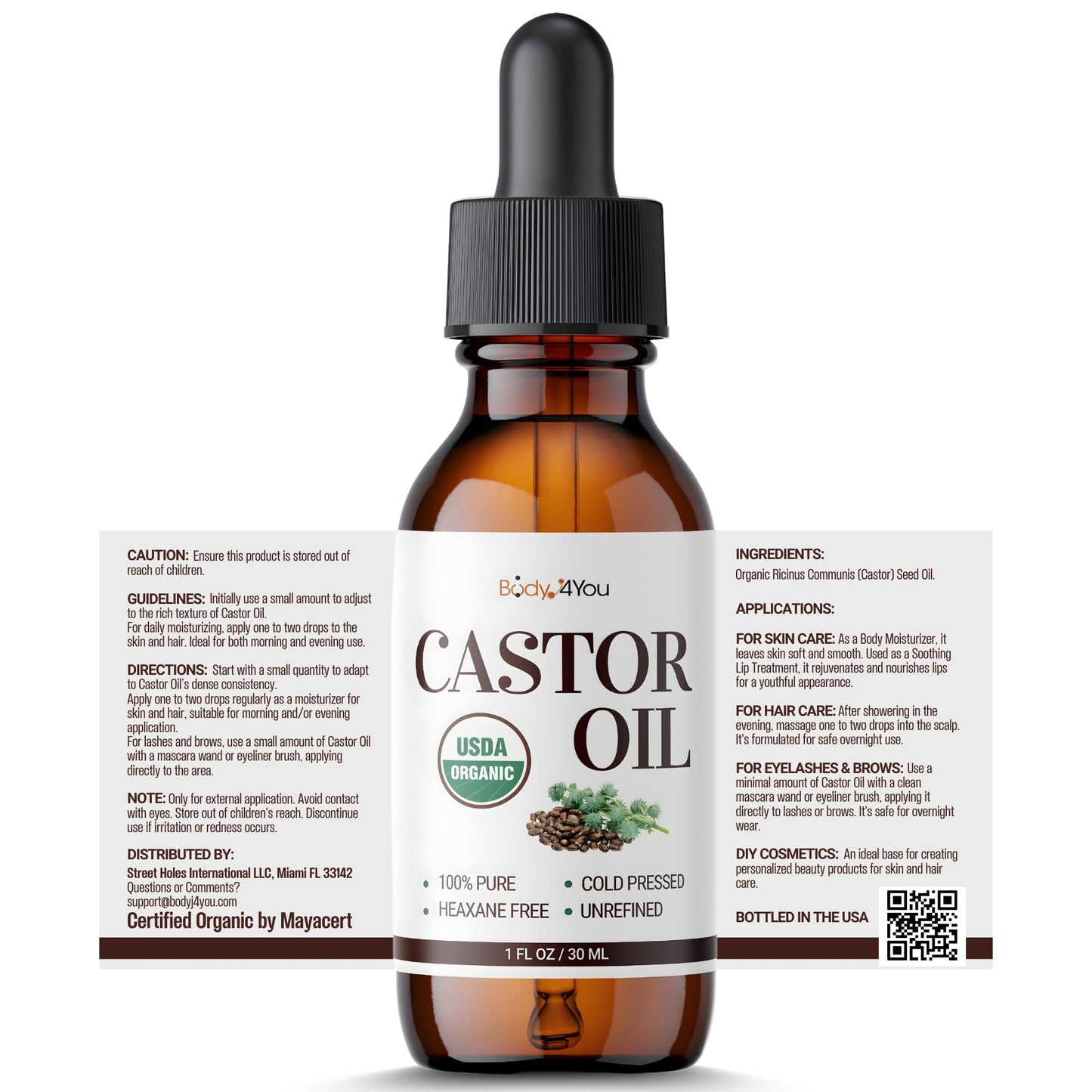 BodyJ4You Organic Castor Oil for Hair Growth: Natural Serum for Eyelashes and Eyebrows