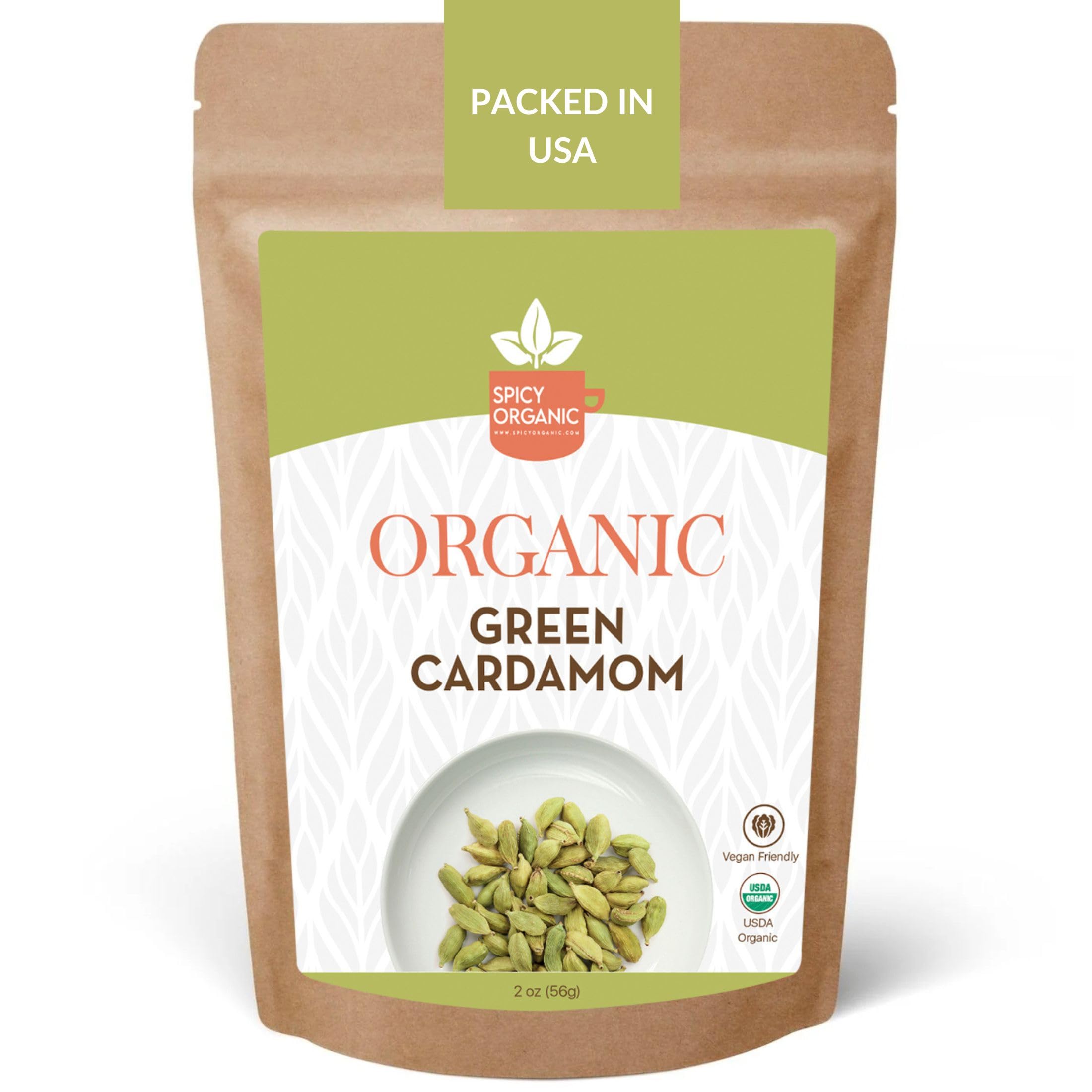 SPICY ORGANIC Green Cardamom Pods – 2 oz - Whole Cardamon Seeds for Authentic Spice Flavor, Natural Cardamon Pod for Tea, Cooking, and Baking- USDA Certified Organic, Gluten-Free, Non-GMO and Kosher