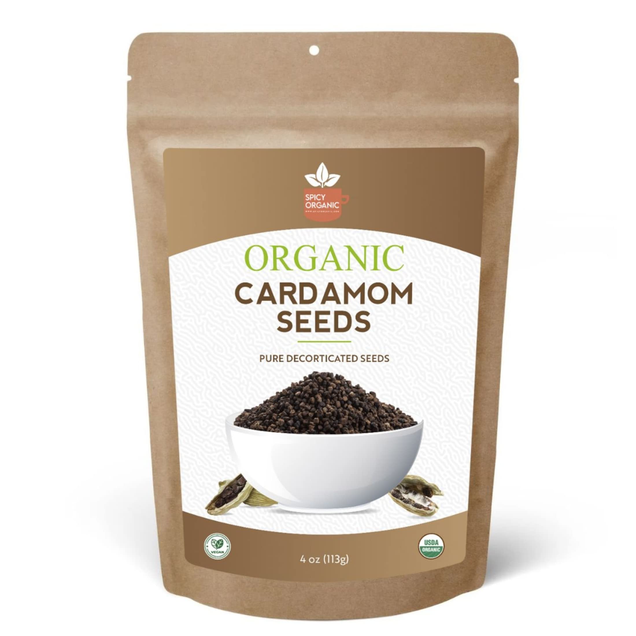 SPICY ORGANIC Premium Decorticated Organic Cardamom Seeds – 100% USDA Organic - Perfect for enhancing the taste of a variety of dishes such as baked goods, beverages, curry blends, and meat dishes- 8 Oz.