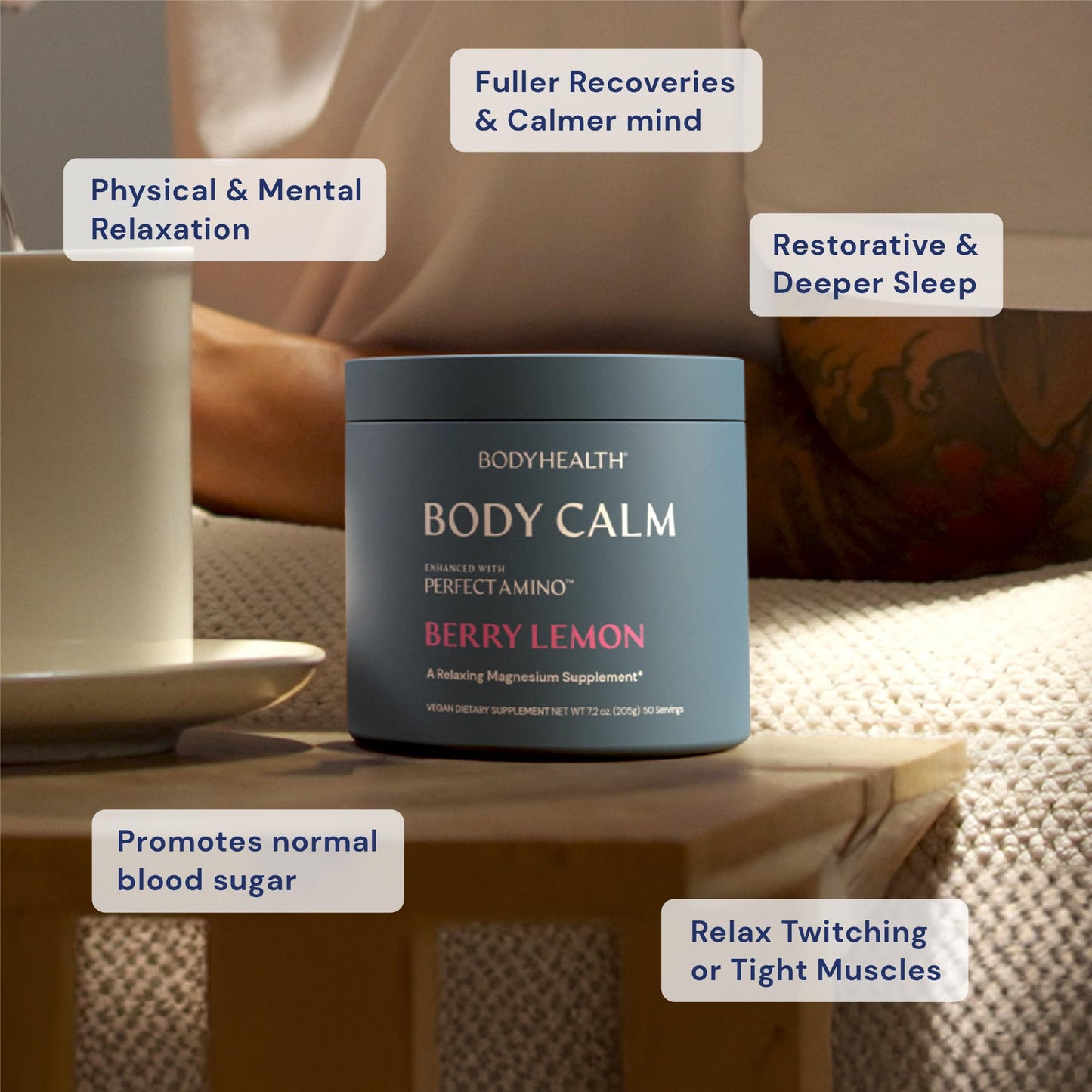 BodyHealth Body Calm Enhanced with PerfectAmino, High Absorption Magnesium Supplement for Men and Women, Magnesium Powder for Sleep, Berry Lemon (50 Servings)