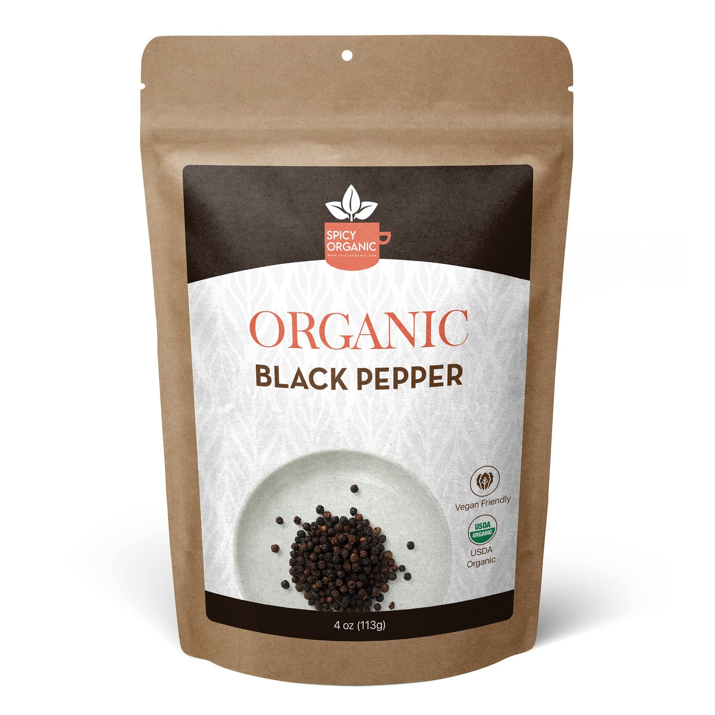 SPICY ORGANIC Black Peppercorns – 4 oz - Whole, Fresh, and Spicy Black Pepper for Grinder Refill, Premium Ceylon Quality, USDA Certified Organic, Gluten-Free, and Kosher