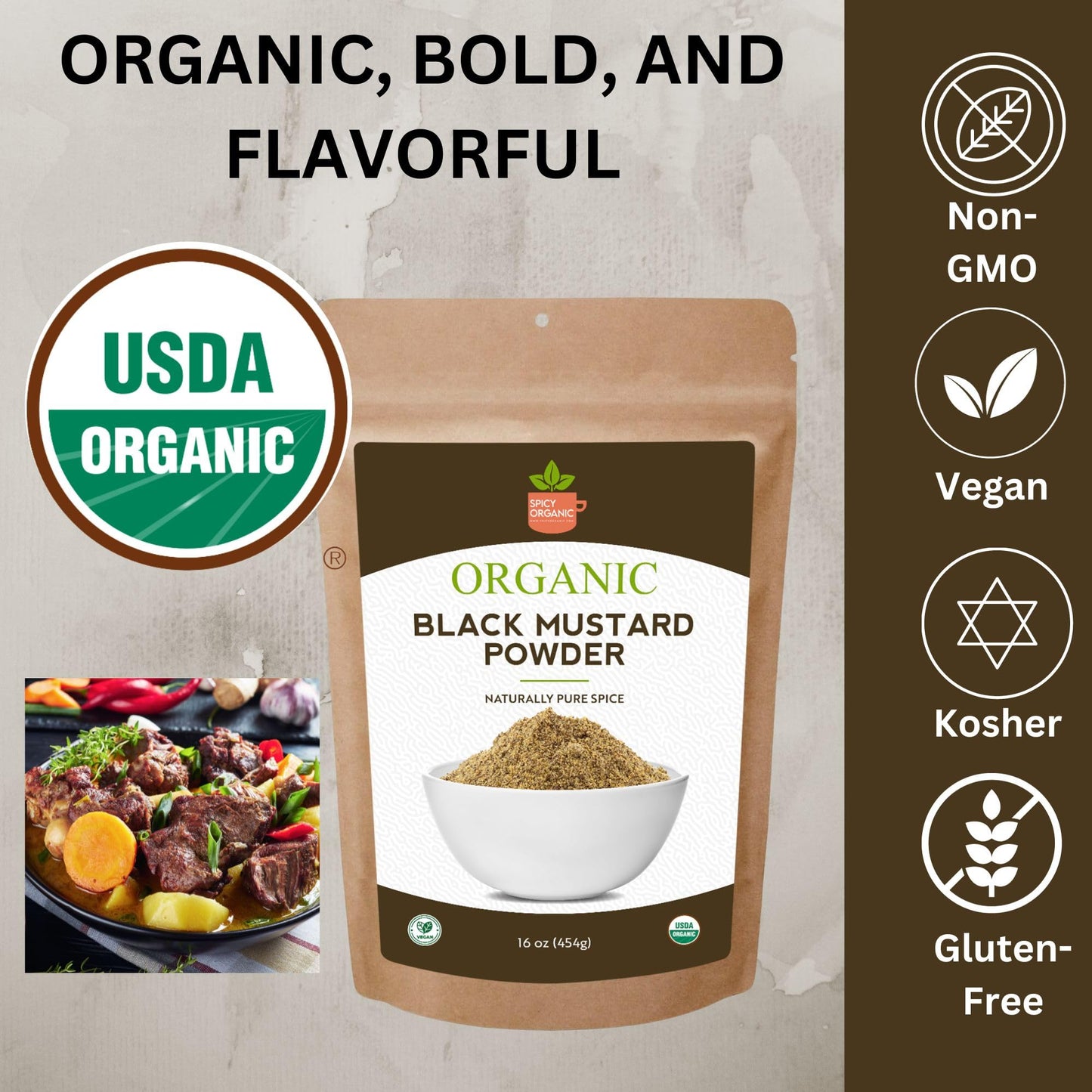 SPICY ORGANIC Black Mustard Powder – 16 oz - Finely Ground Mustard Seed for Rich Flavor - Ideal Dry Spice for Cooking & Seasoning - 100% USDA Certified Organic and Non-GMO