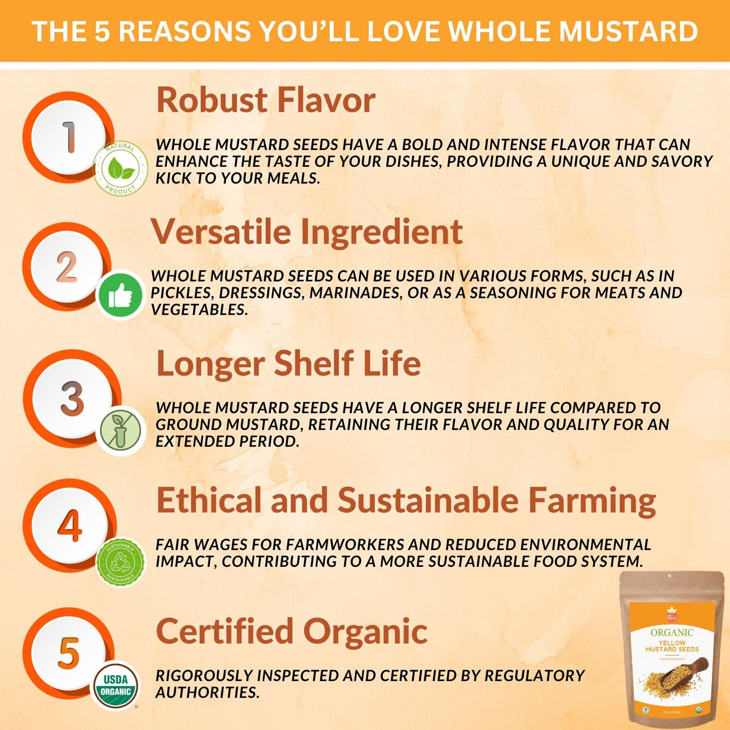 SPICY ORGANIC Yellow Mustard Seeds - 8 Oz. – Certified USDA Organic – Non-GMO - Gluten-Free - Whole Grain Mustard Seeds for a Zesty Culinary Journey - Comes in a Resealable Pack