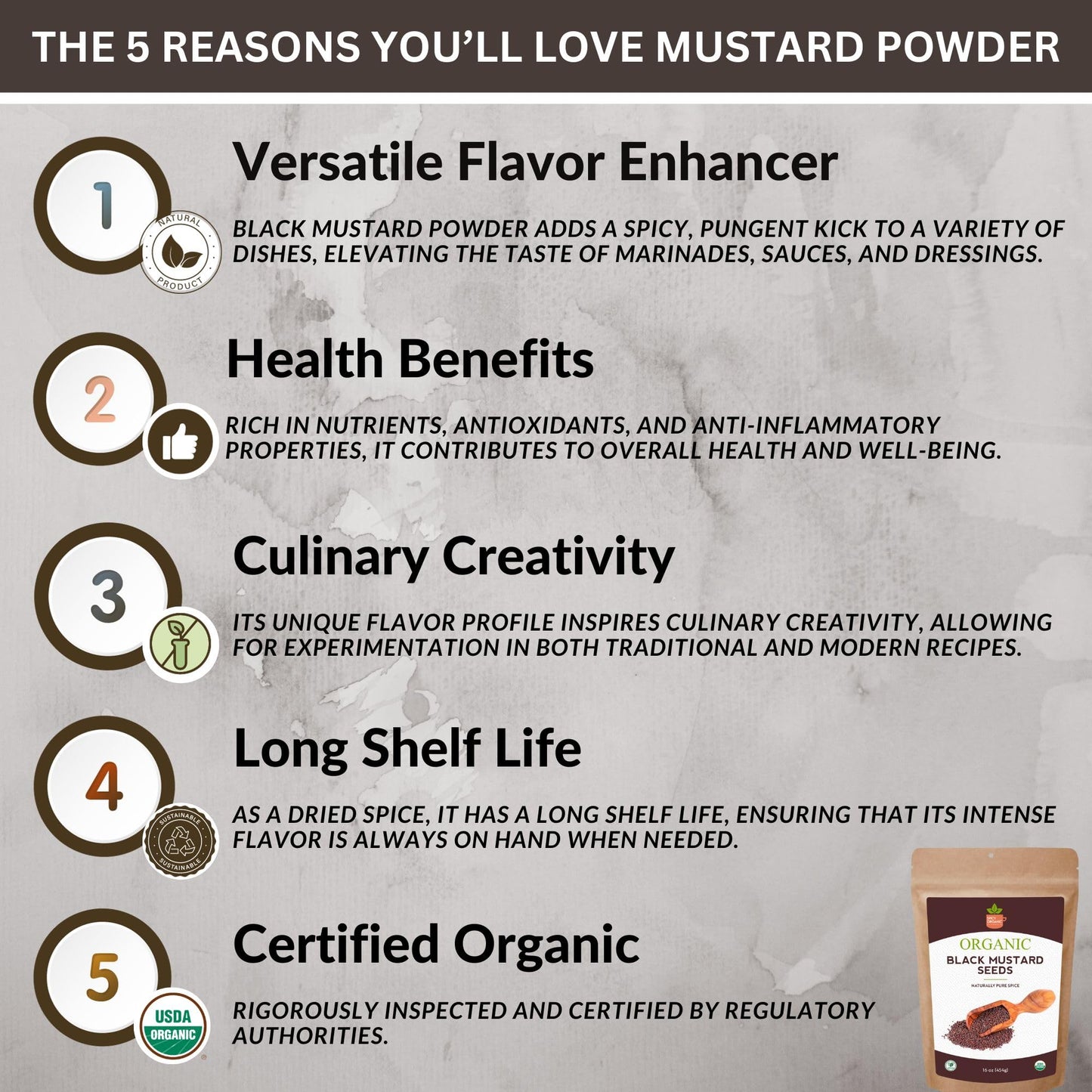 SPICY ORGANIC Black Mustard Powder – 16 oz - Finely Ground Mustard Seed for Rich Flavor - Ideal Dry Spice for Cooking & Seasoning - 100% USDA Certified Organic and Non-GMO