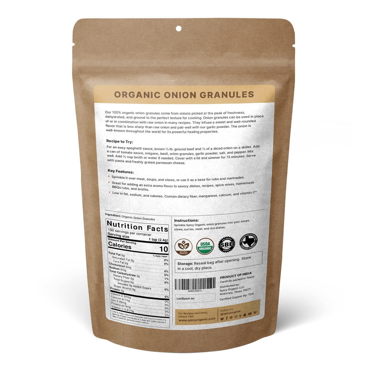 SPICY ORGANIC Onion Granules - Pure USDA Organic - Non-GMO Culinary Granulated Onion- Perfect for Use in Sauces, Soups, Salad Dressings, Condiments, Snack Foods, and Dairy Products - 16 Oz.