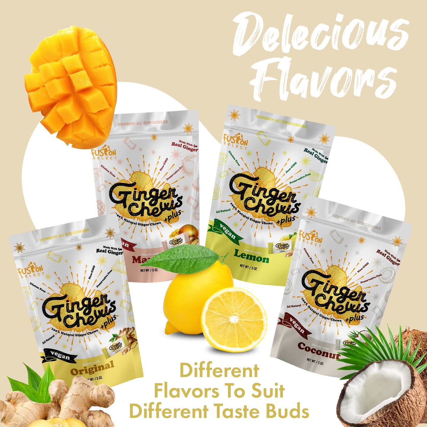 Fusion Select 2 Lb Original Ginger Chews - Sweet Soft Candied Delights From Indonesia - Promotes Relief From Morning Sickness, Upset Stomach - Made from Real Ginger Root, Non-GMO, Vegan Candy